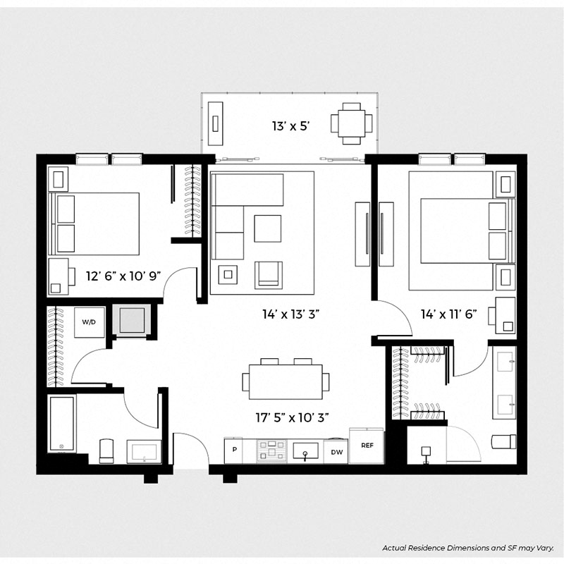 Floor plan for 2 beds, 2 baths, 970 sqft